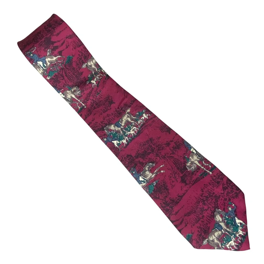 VTG Moore's Equestrian Horse Fox Hunt Silk Tie Burgundy Navy Hunting‎ Dog 57x4